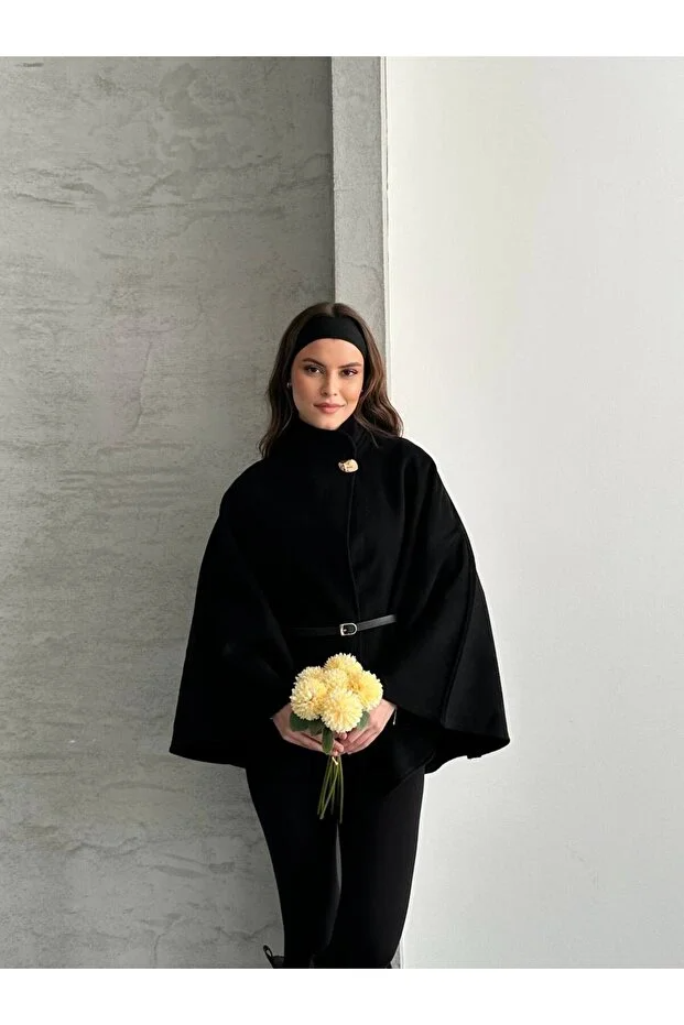 Asur Butik Kadın İthal Kaşe Kemerli Panço Standart Beden 36-40