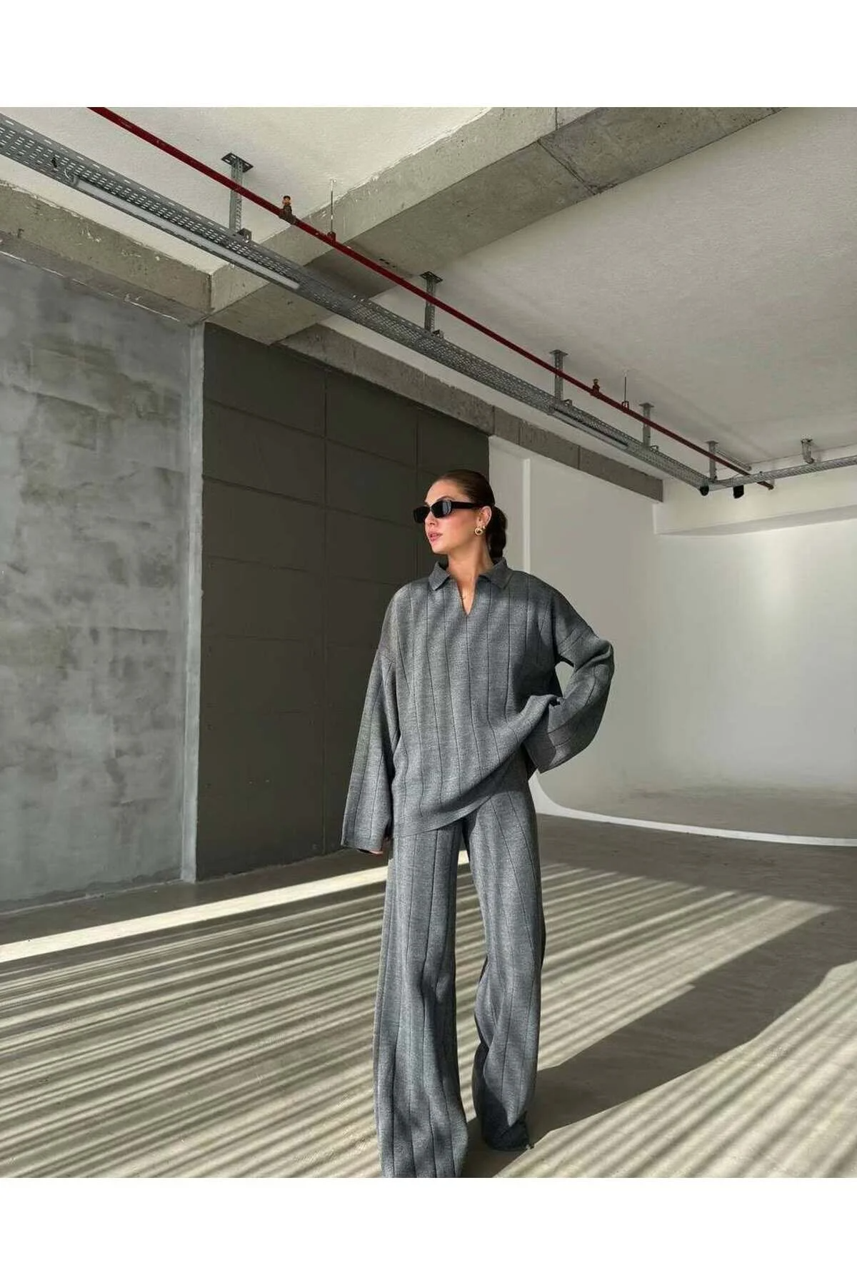 Asur Butik Kadın Koyu Antrasit Renk Polo Yaka Standart Beden Triko Takım