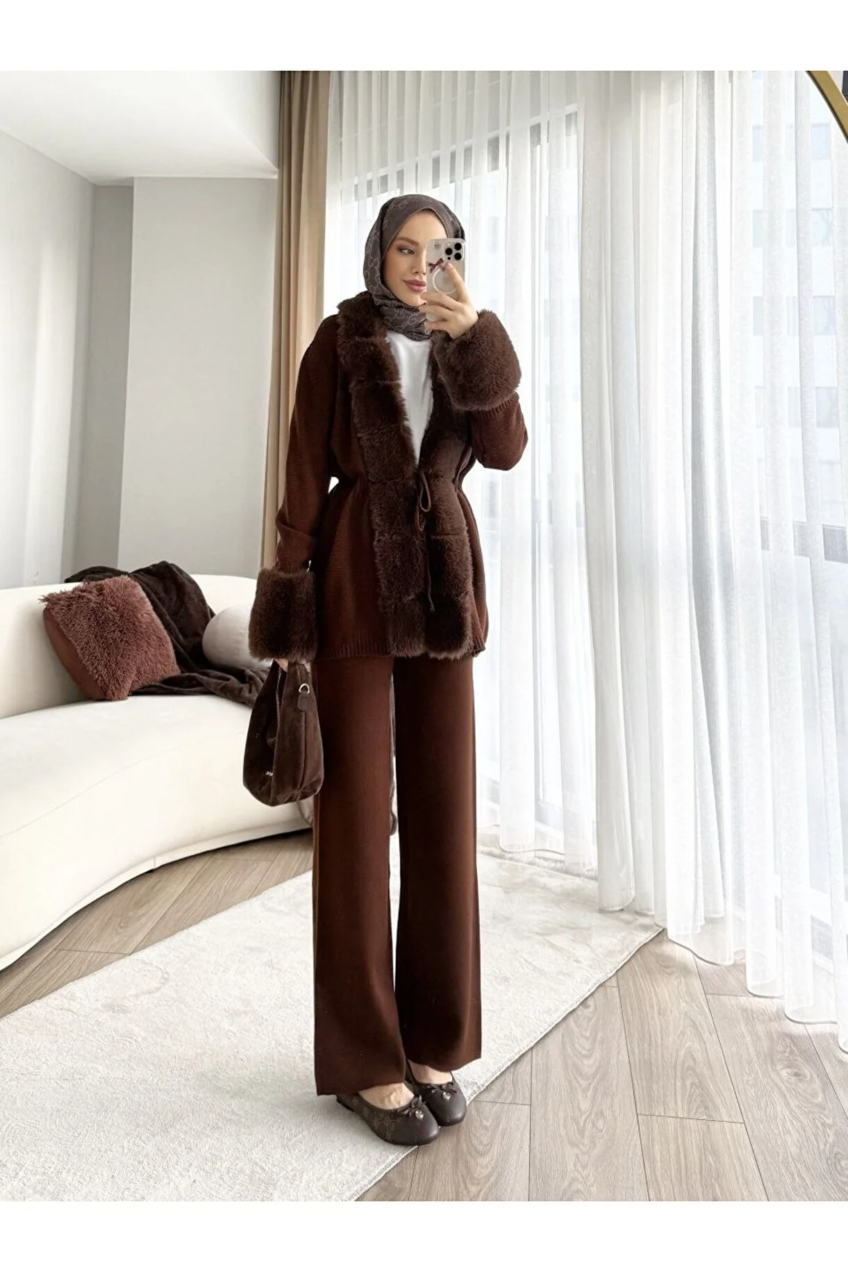 Asur Butik Kadın Kürklü Triko Takım Standart Beden (36-40)