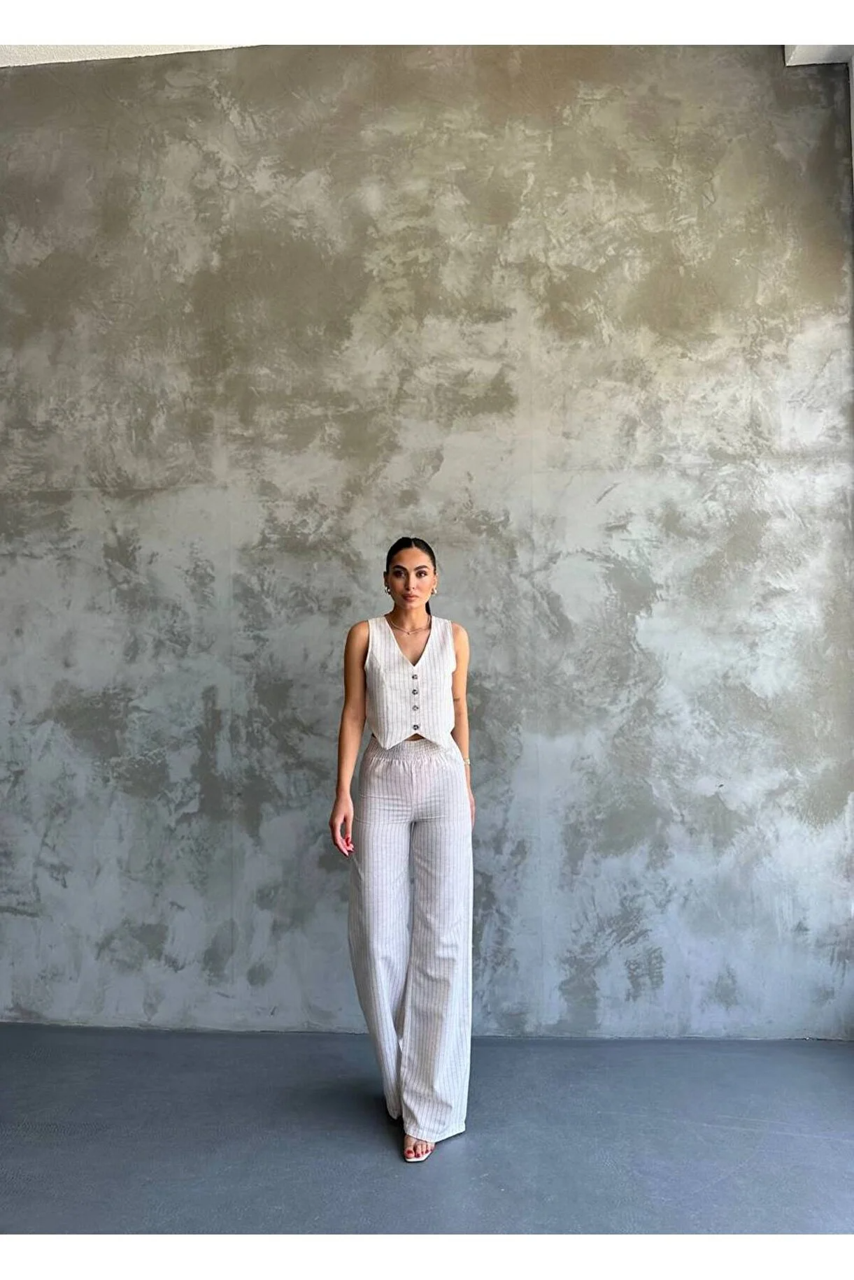 Asur Butik Kadın Yelek İnce Keten Kumaş  Çizgili Takım