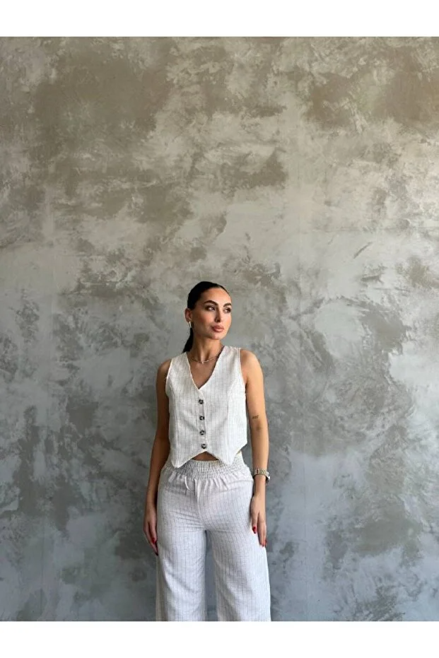 Asur Butik Kadın Yelek İnce Keten Kumaş  Çizgili Takım