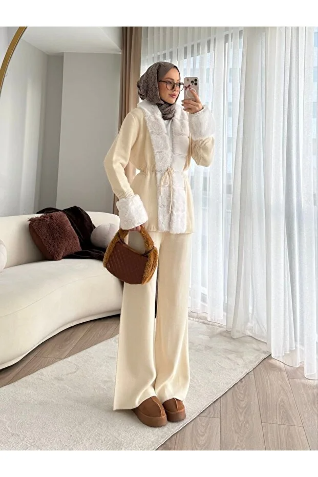 Asur Butik Kadın Kürklü Triko Takım Standart Beden (36-40)