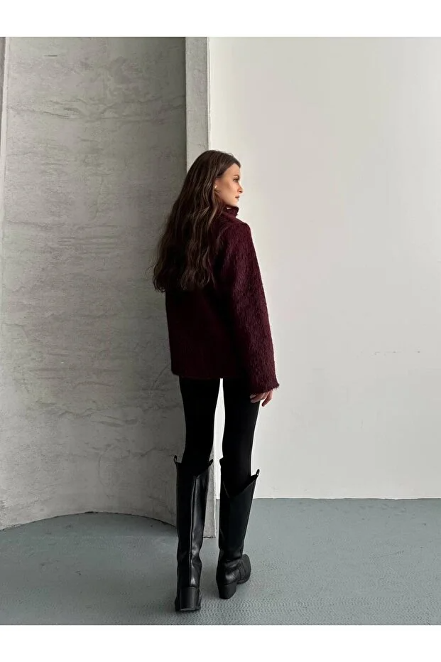 Asur Butik Kadın Keçeli Kumaş Tokalı Fermuarlı Ceket