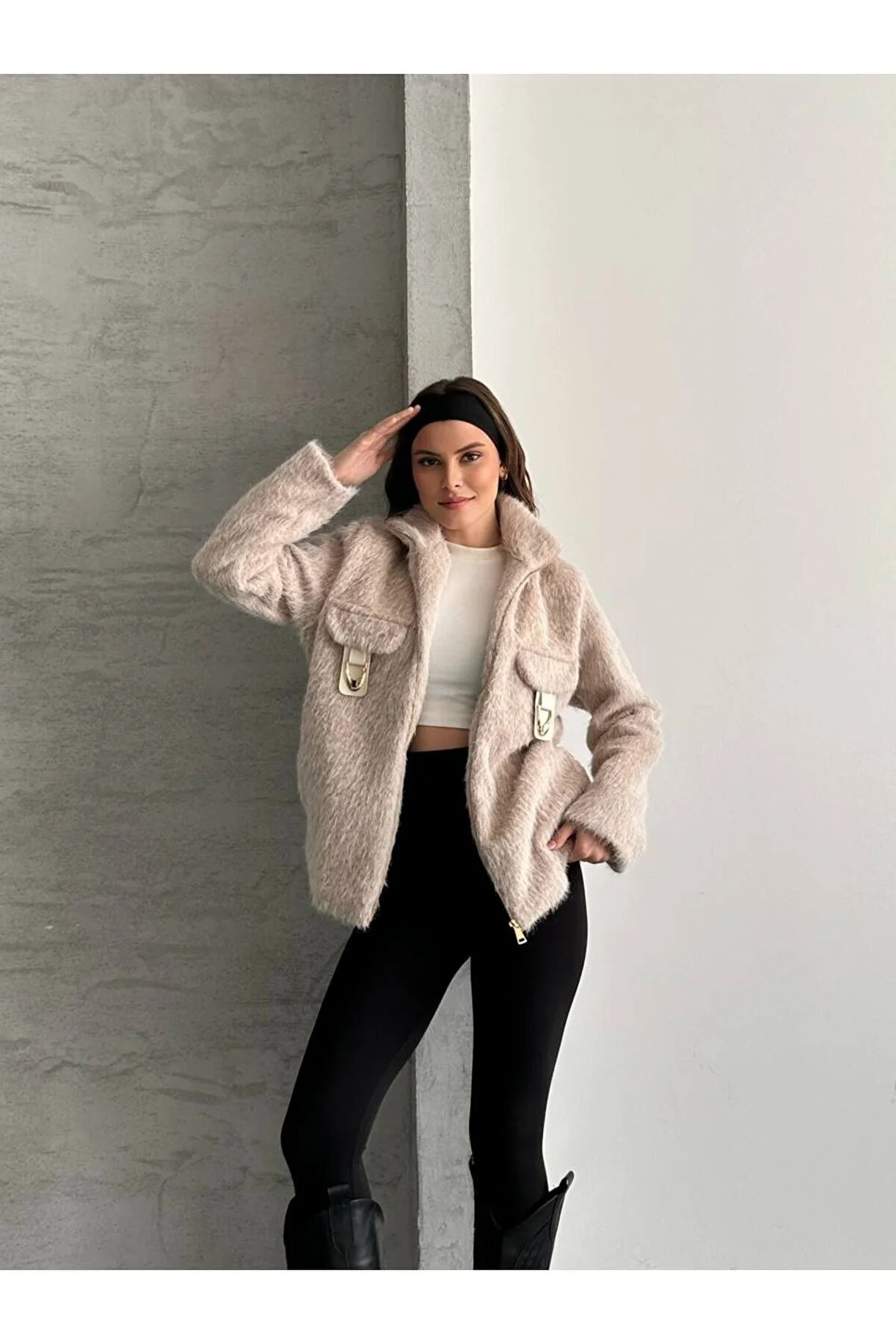 Asur Butik Kadın Keçeli Kumaş Tokalı Fermuarlı Ceket