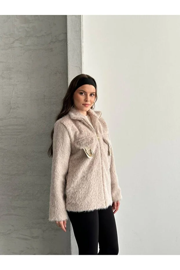 Asur Butik Kadın Keçeli Kumaş Tokalı Fermuarlı Ceket