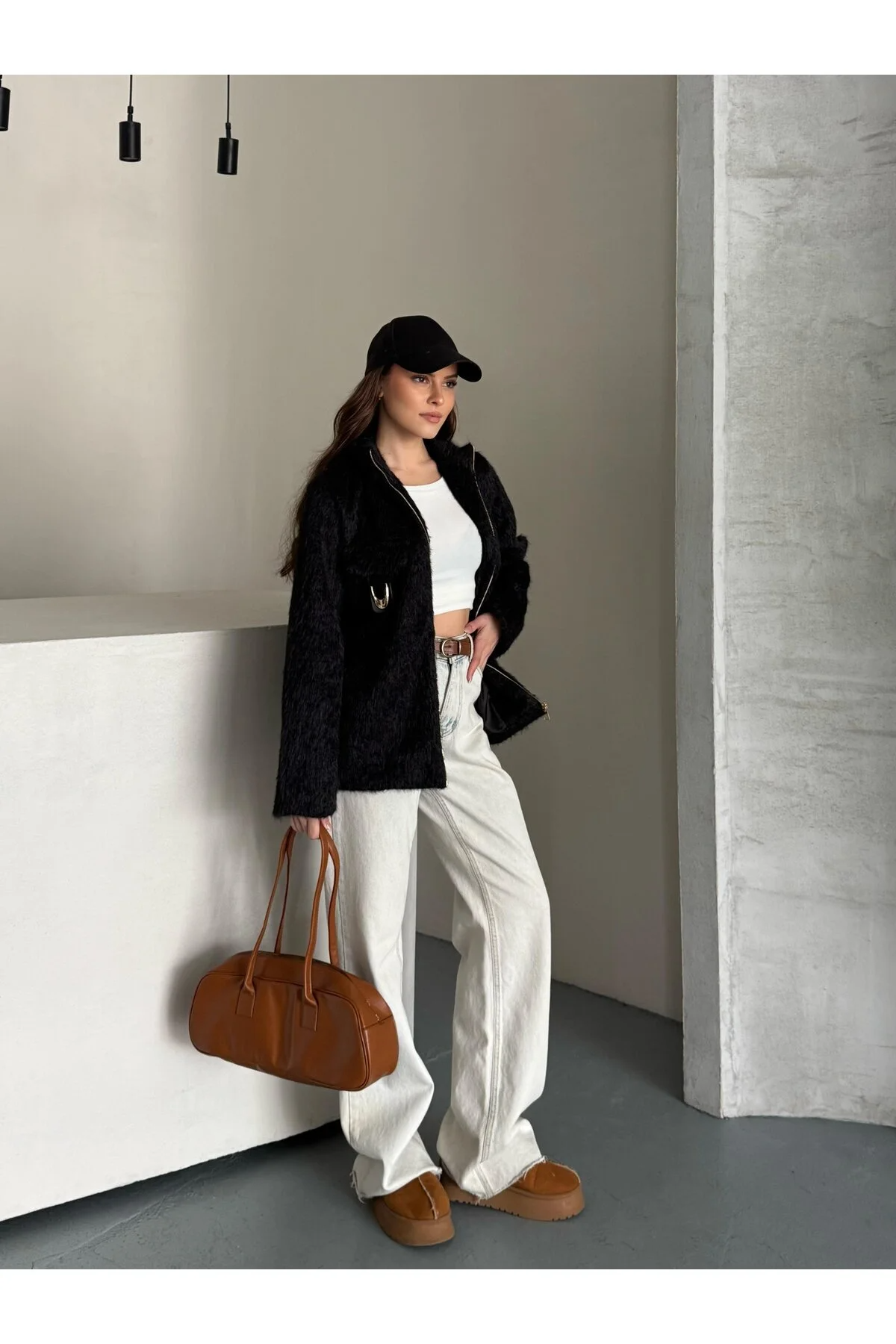 Asur Butik Kadın Keçeli Kumaş Tokalı Fermuarlı Ceket