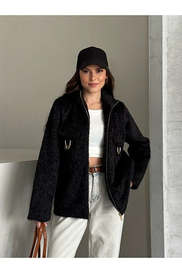 Asur Butik Kadın Keçeli Kumaş Tokalı Fermuarlı Ceket