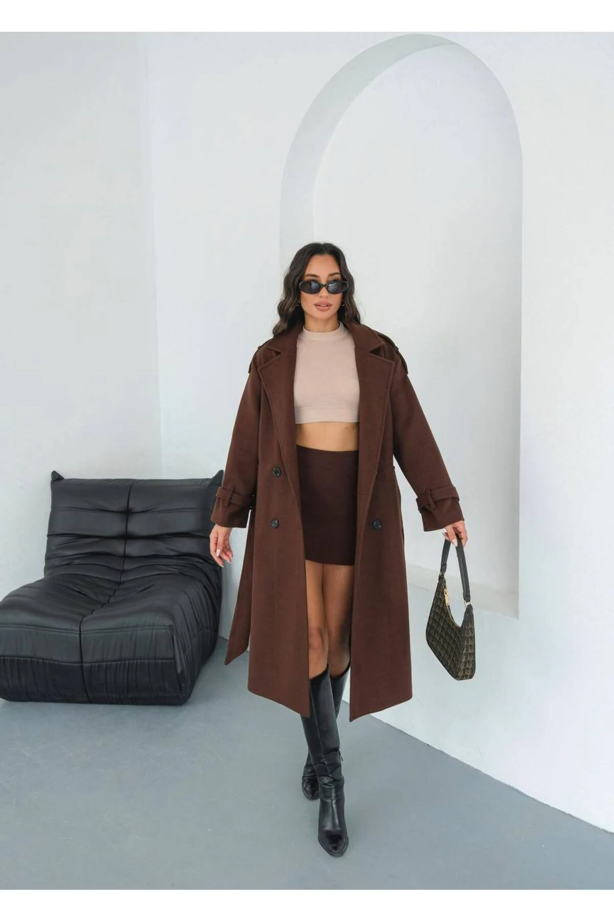 Asur Butik Kadın Kaliteli Kuşaklı Uzun Kaşe Kaban