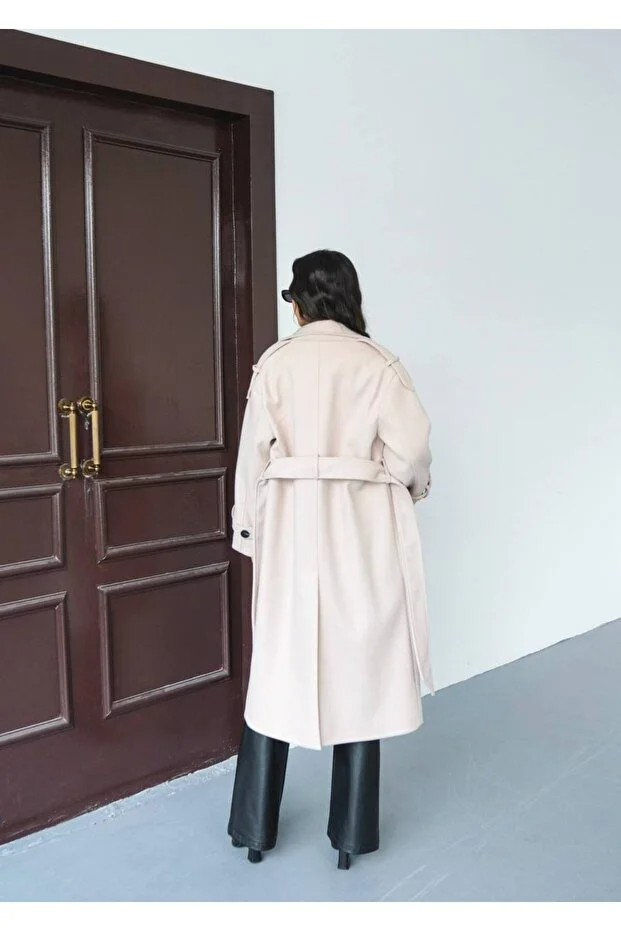 Asur Butik Kadın Kaliteli Kuşaklı Uzun Kaşe Kaban