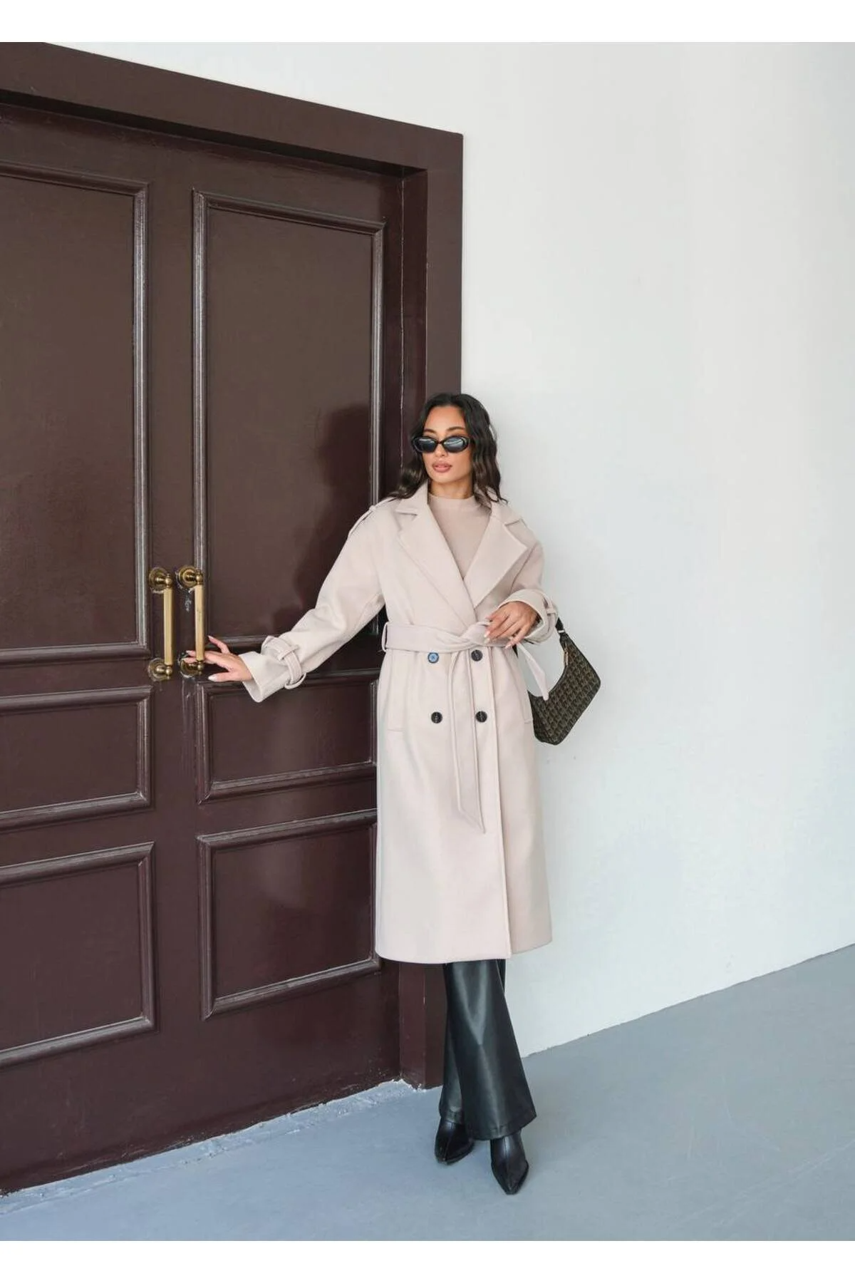 Asur Butik Kadın Kaliteli Kuşaklı Uzun Kaşe Kaban