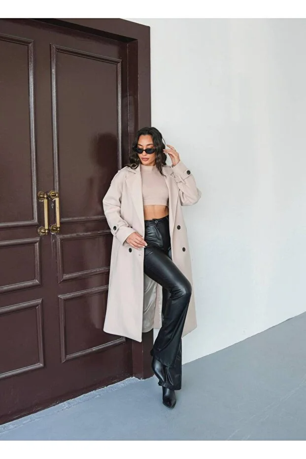 Asur Butik Kadın Kaliteli Kuşaklı Uzun Kaşe Kaban