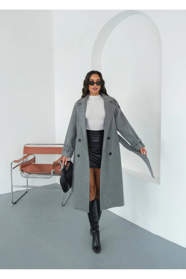 Asur Butik Kadın Kaliteli Kuşaklı Uzun Kaşe Kaban