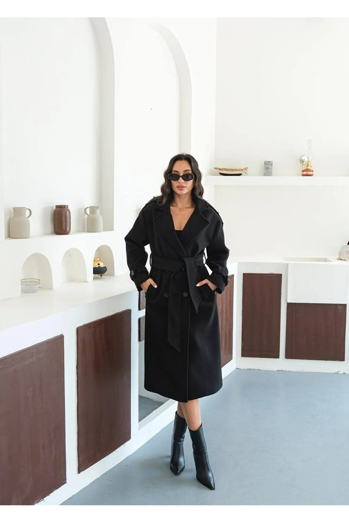 Asur Butik Kadın Kaliteli Kuşaklı Uzun Kaşe Kaban