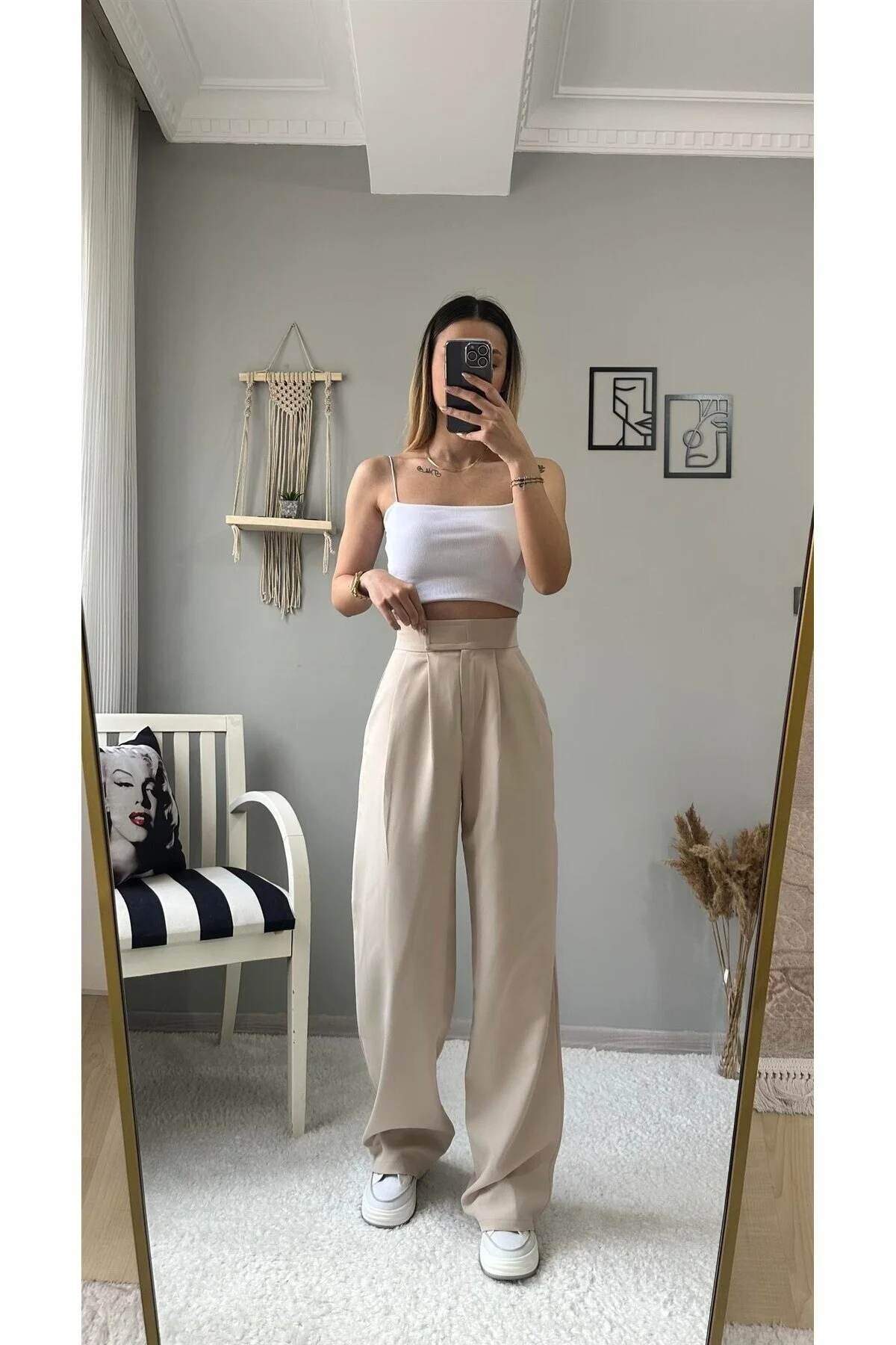 Asur Butik Kadın Yüksek Bel Cırt Cırtlı Palazo Pantolon