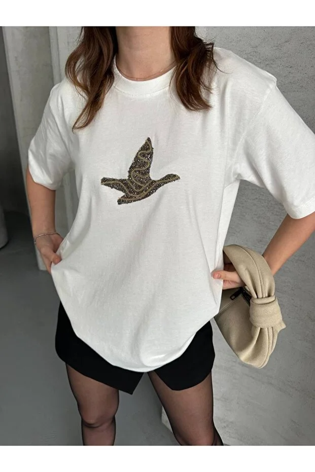 Asur Butik Kadın Bisiklet Yaka Taşlı Tişört