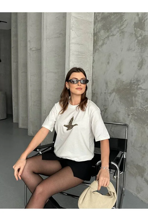 Asur Butik Kadın Bisiklet Yaka Taşlı Tişört