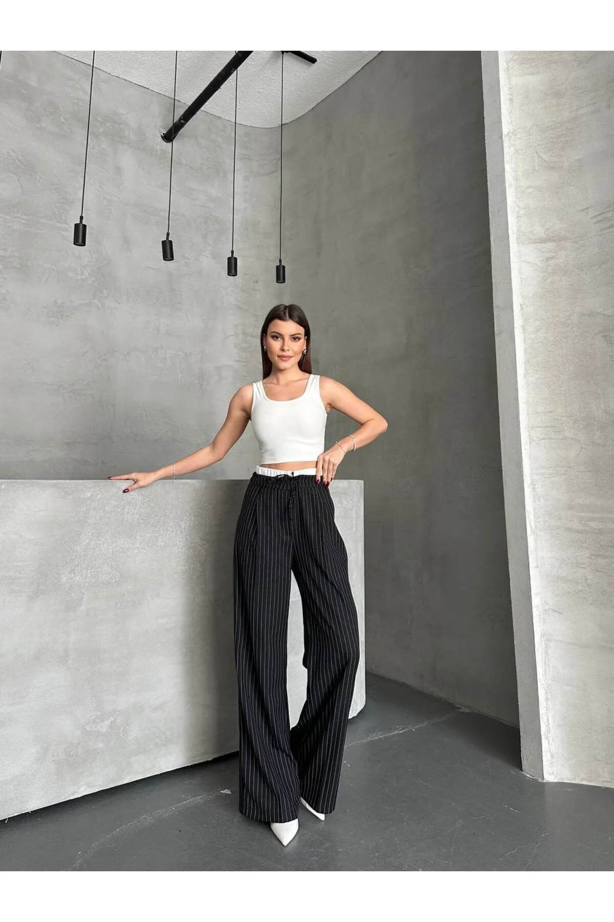 Asur Butik Kadın Çizgili Poliviskon Kumaş Yüksek Bel Pantolon