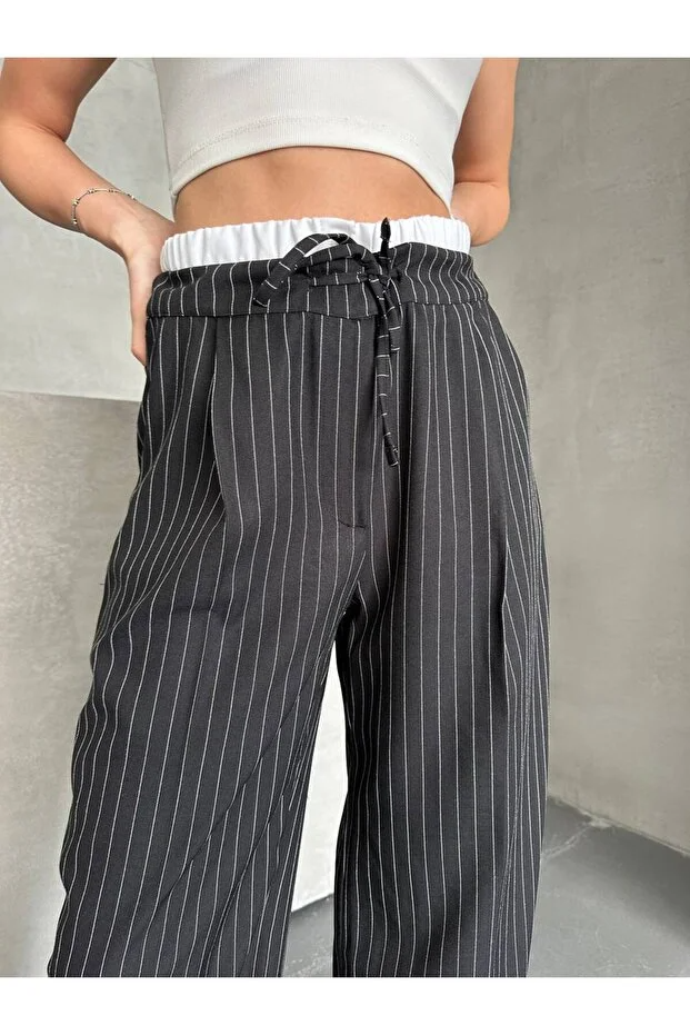 Asur Butik Kadın Çizgili Poliviskon Kumaş Yüksek Bel Pantolon