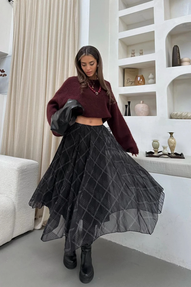 Asur Butik Kadın Asimetrik Kesim Şifon Astarlı Etek