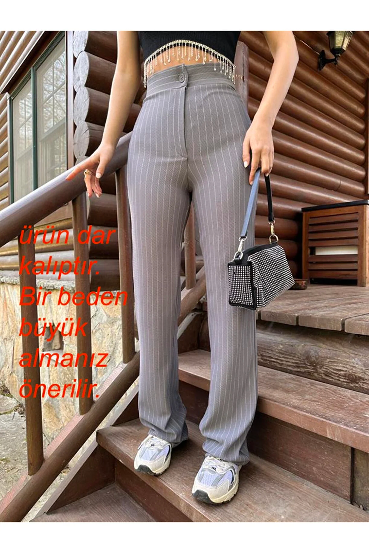 Asur Butik Çizgili Likrali Gri Palazzo Pantolon 1 Beden Büyük Almalısınız.