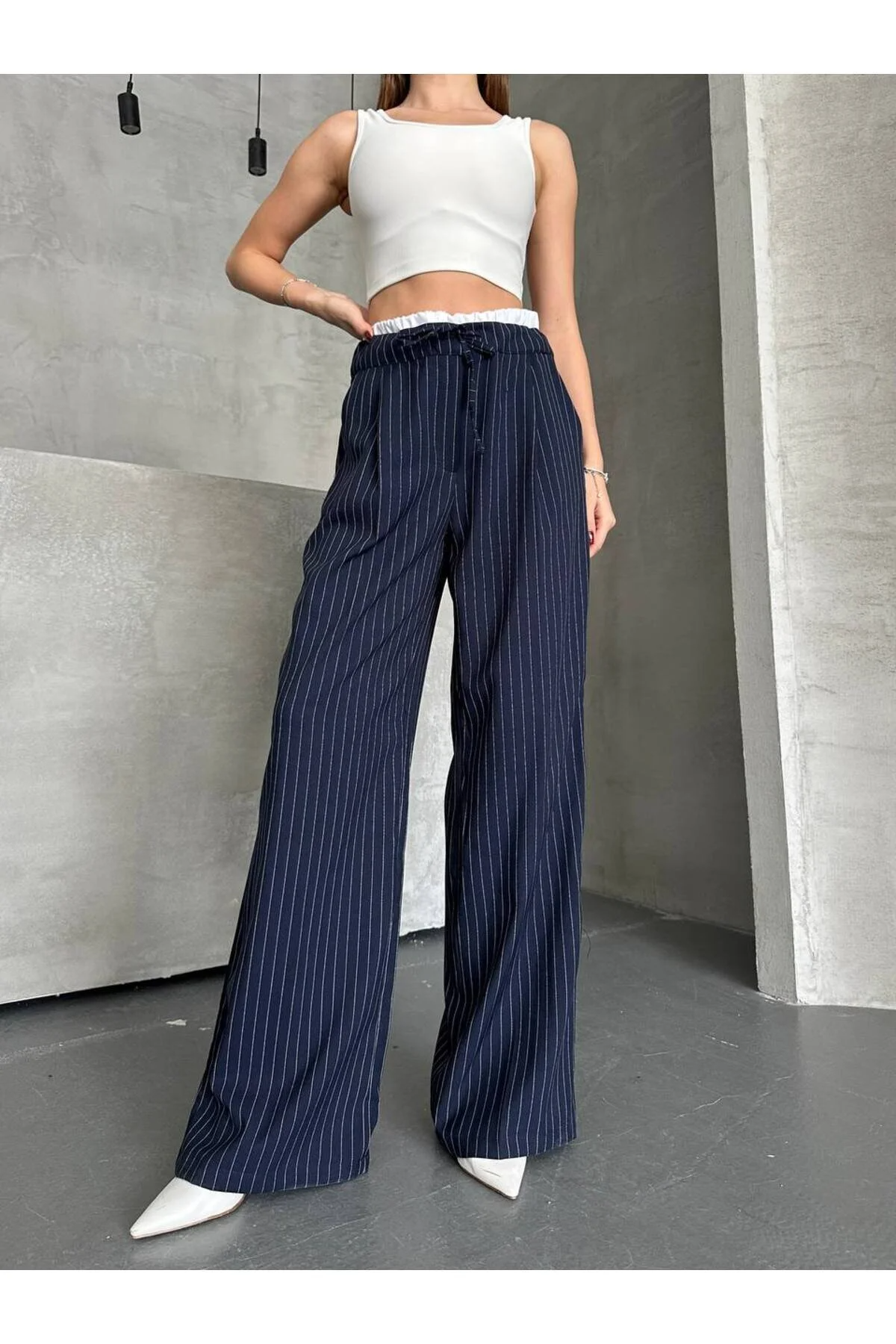 Asur Butik Kadın Çizgili Poliviskon Kumaş Yüksek Bel Pantolon