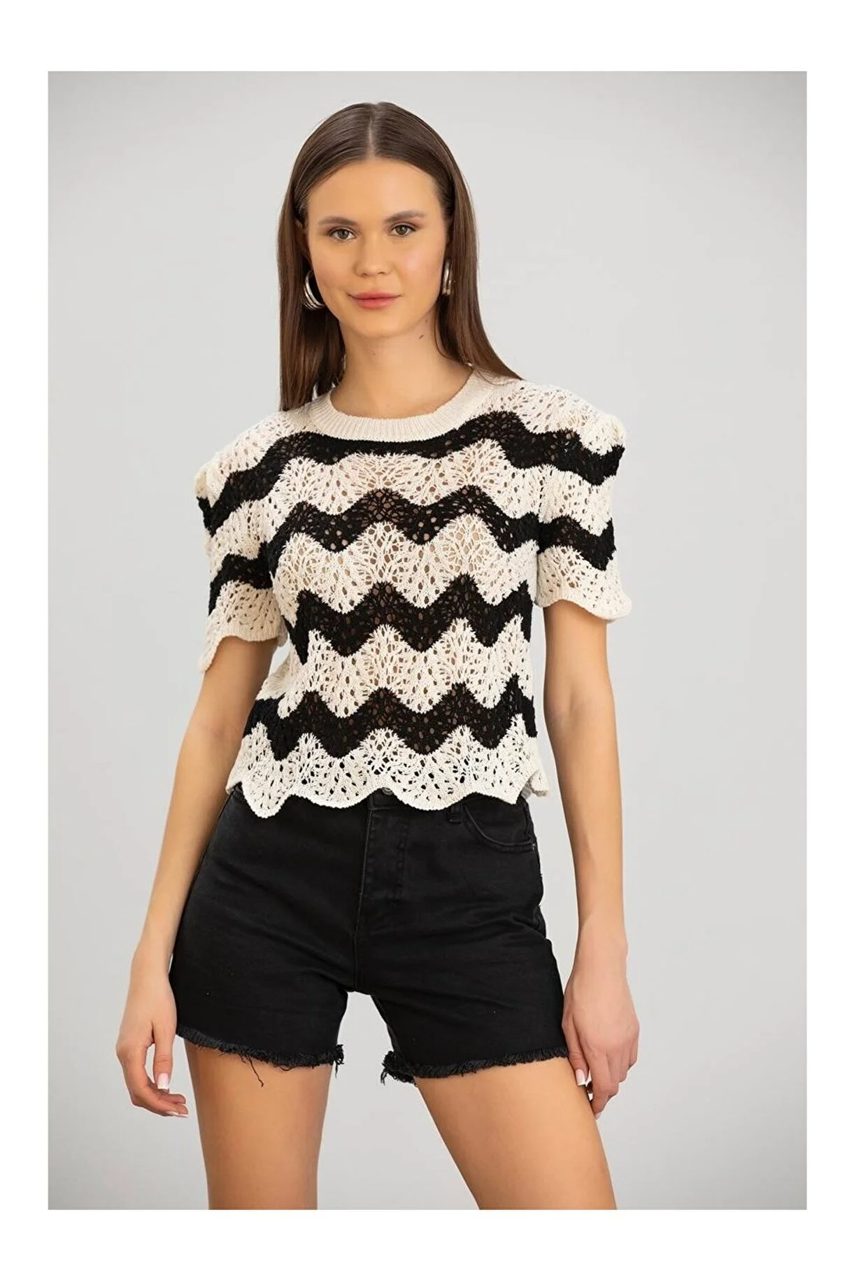 Asur Butik Kadın Ajurlu Crop Triko Tişört 34-38