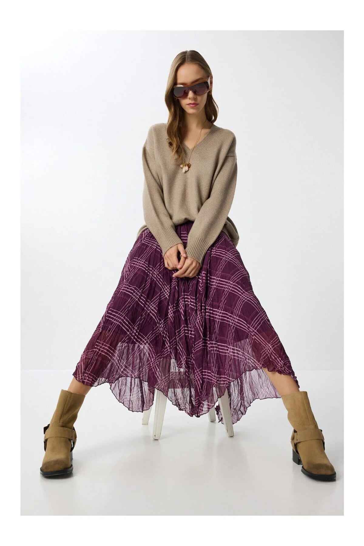 Asur Butik Kadın Asimetrik Kesim Şifon Astarlı Etek