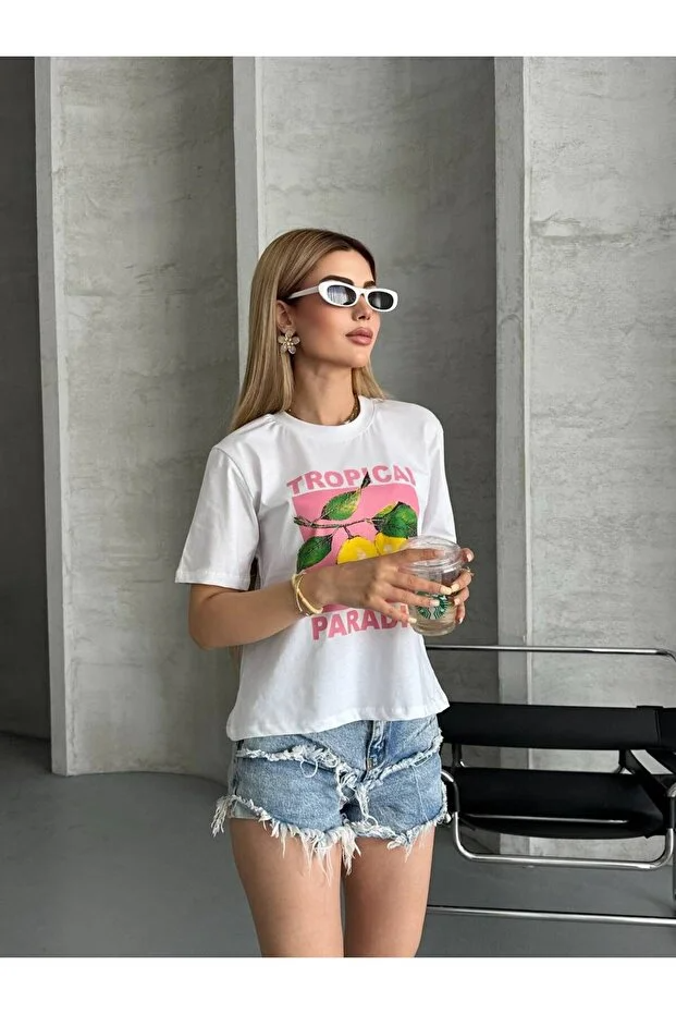 Asur Butik Kadın Ara Boy Limon Baskılı İpeksi Apre Kumaş Tişört