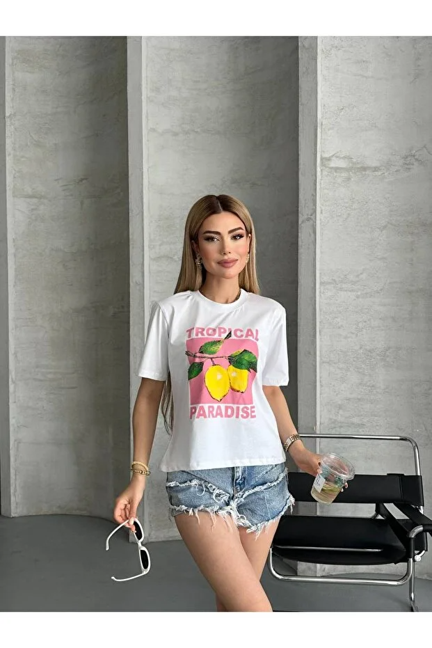 Asur Butik Kadın Ara Boy Limon Baskılı İpeksi Apre Kumaş Tişört